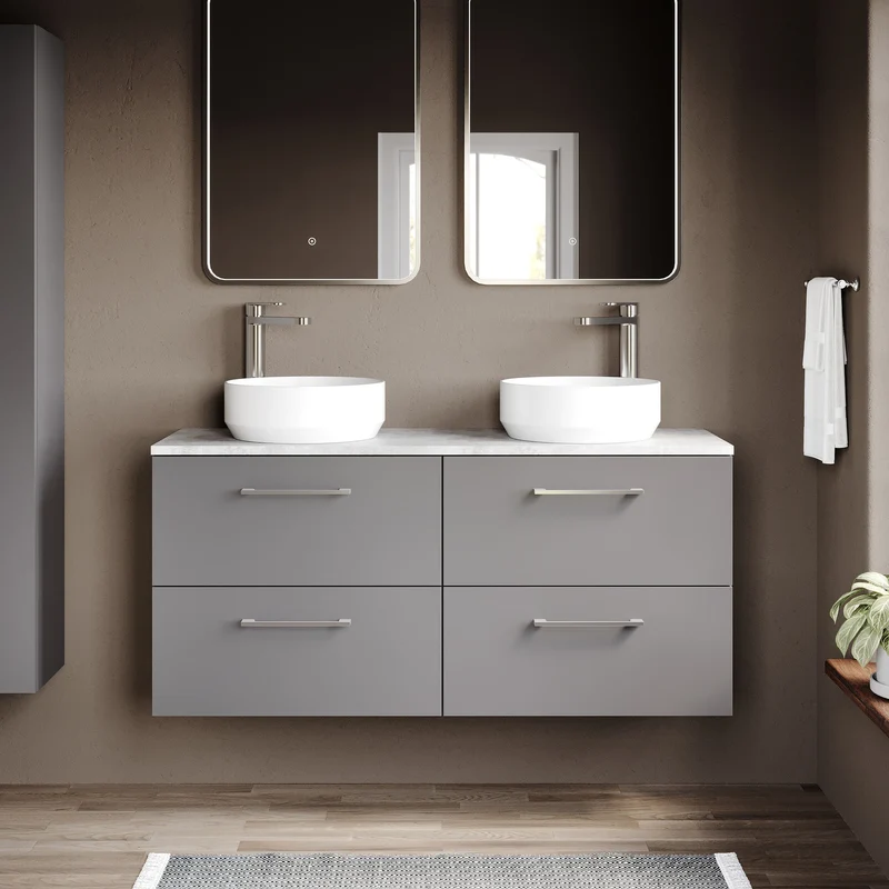 Lana 1200mm Wall Hung 4 Drawer Vanity Unit & Bellato Grey Laminate Worktop - Grey Satin