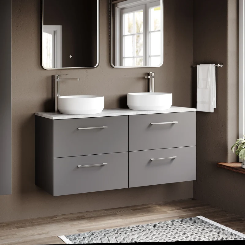 Lana 1200mm Wall Hung 4 Drawer Vanity Unit & Bellato Grey Laminate Worktop - Grey Satin