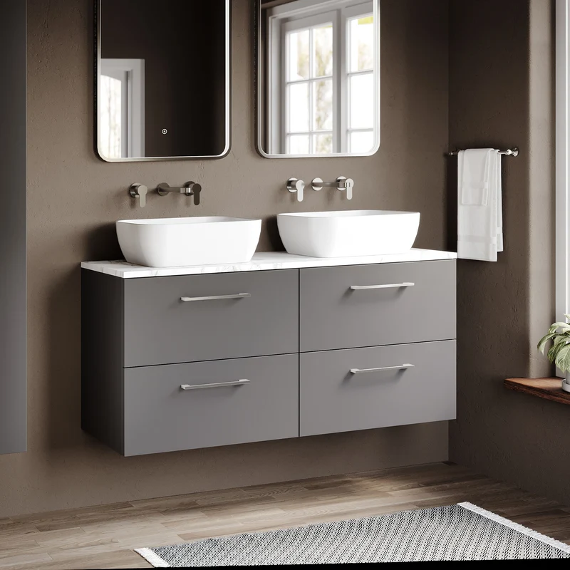 Lana 1200mm Wall Hung 4 Drawer Vanity Unit & Carrera Marble Laminate Worktop - Grey Satin