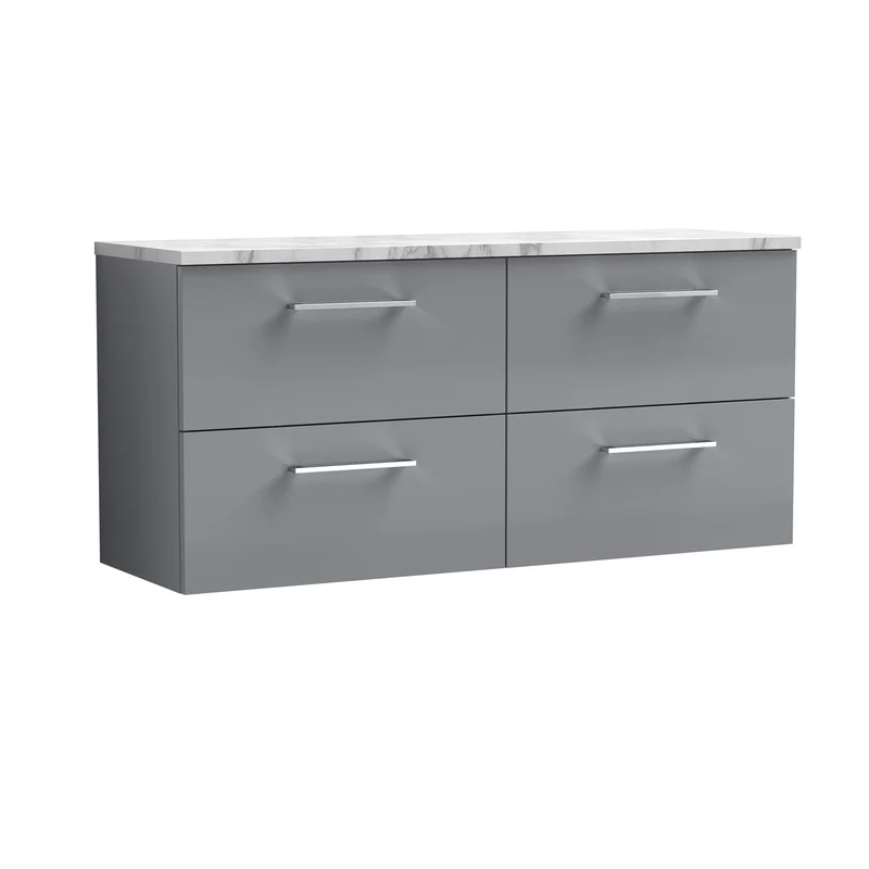 Lana 1200mm Wall Hung 4 Drawer Vanity Unit & Carrera Marble Laminate Worktop - Grey Satin
