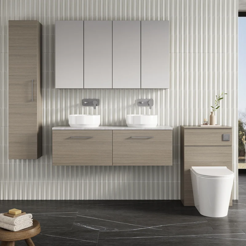 Lana 1200mm Wall Hung 2 Drawer Vanity Unit & Bellato Grey Laminate Worktop - Solace Oak Woodgrain