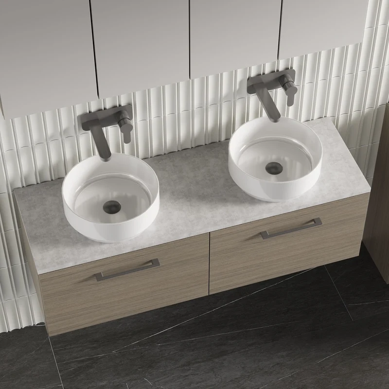 Lana 1200mm Wall Hung 2 Drawer Vanity Unit & Bellato Grey Laminate Worktop - Solace Oak Woodgrain