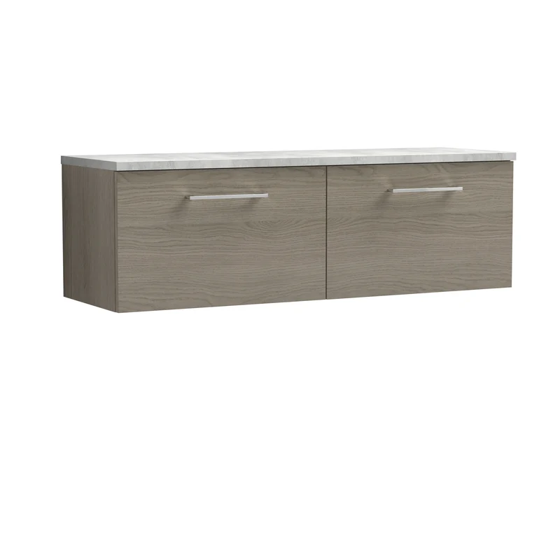 Lana 1200mm Wall Hung 2 Drawer Vanity Unit & Bellato Grey Laminate Worktop - Solace Oak Woodgrain