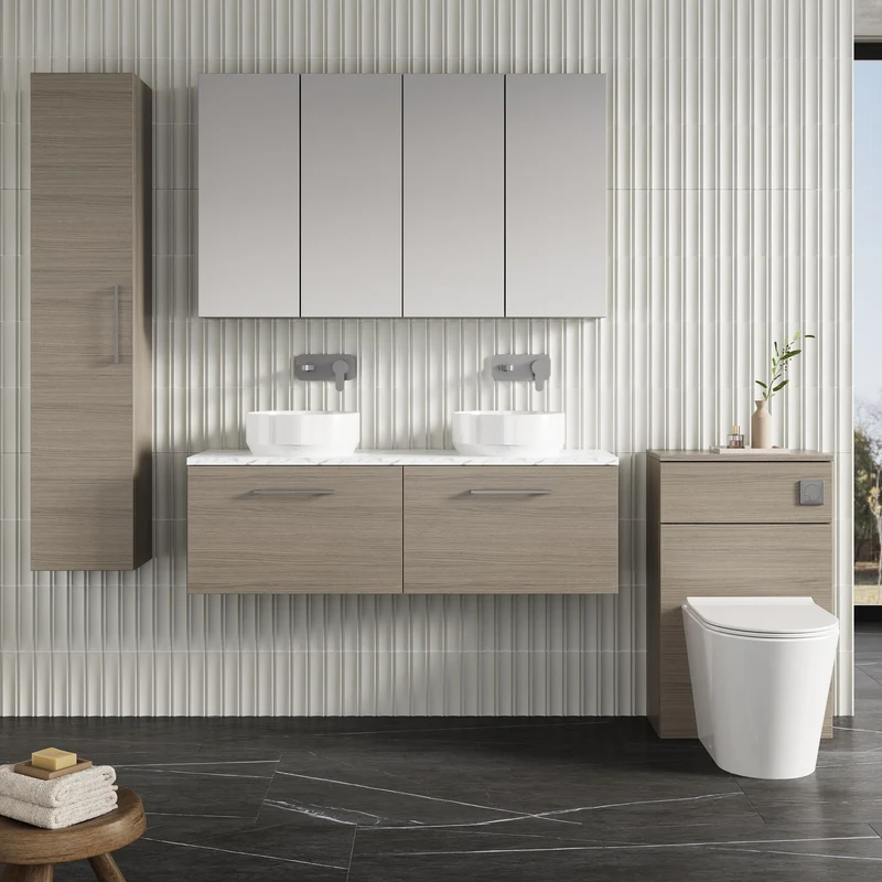 Lana 1200mm Wall Hung 2 Drawer Vanity Unit & Carrera Marble Laminate Worktop - Solace Oak Woodgrain