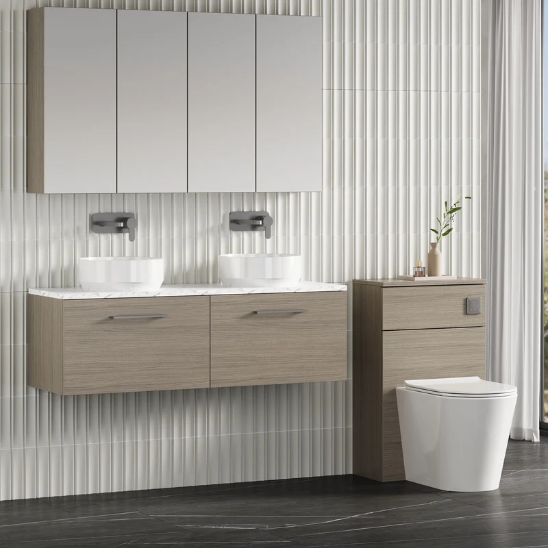 Lana 1200mm Wall Hung 2 Drawer Vanity Unit & Carrera Marble Laminate Worktop - Solace Oak Woodgrain