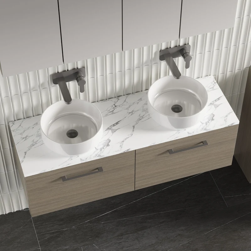 Lana 1200mm Wall Hung 2 Drawer Vanity Unit & Carrera Marble Laminate Worktop - Solace Oak Woodgrain