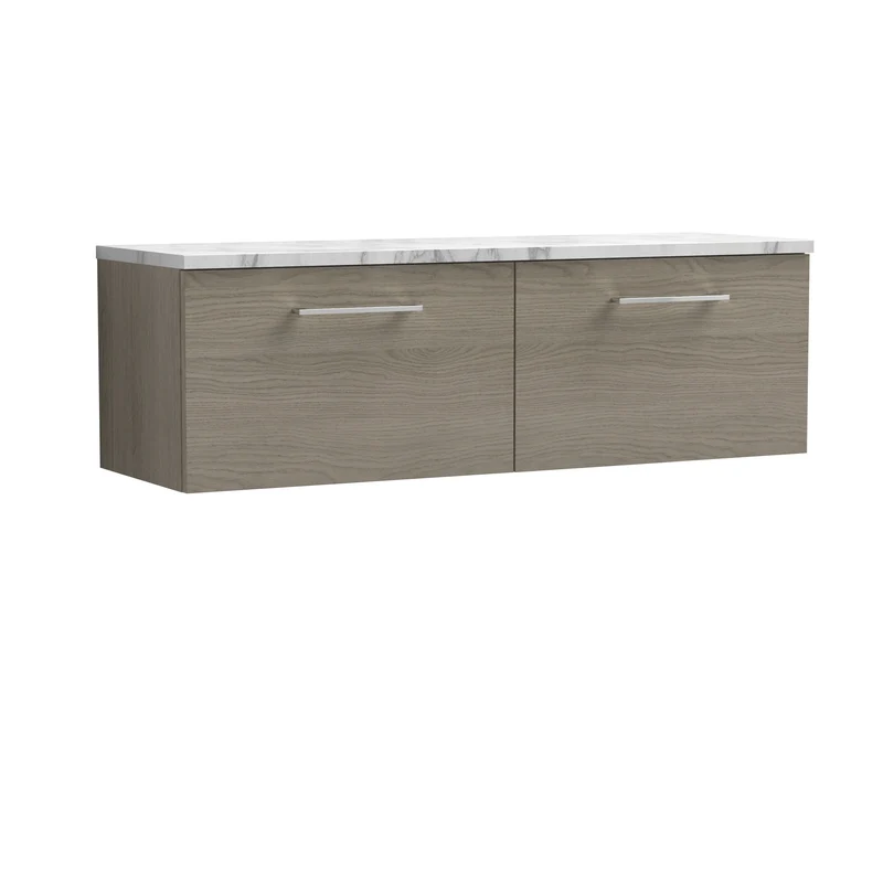 Lana 1200mm Wall Hung 2 Drawer Vanity Unit & Carrera Marble Laminate Worktop - Solace Oak Woodgrain