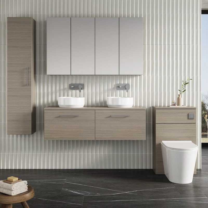 Lana 1200mm Wall Hung 2 Drawer Vanity Unit & Worktop - Solace Oak Woodgrain