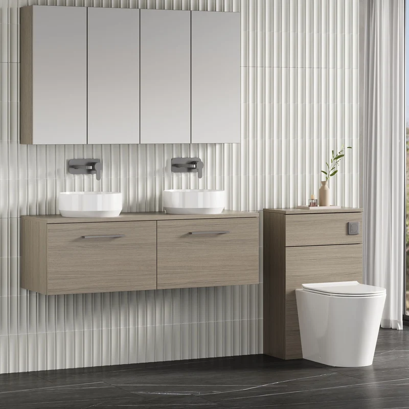 Lana 1200mm Wall Hung 2 Drawer Vanity Unit & Worktop - Solace Oak Woodgrain