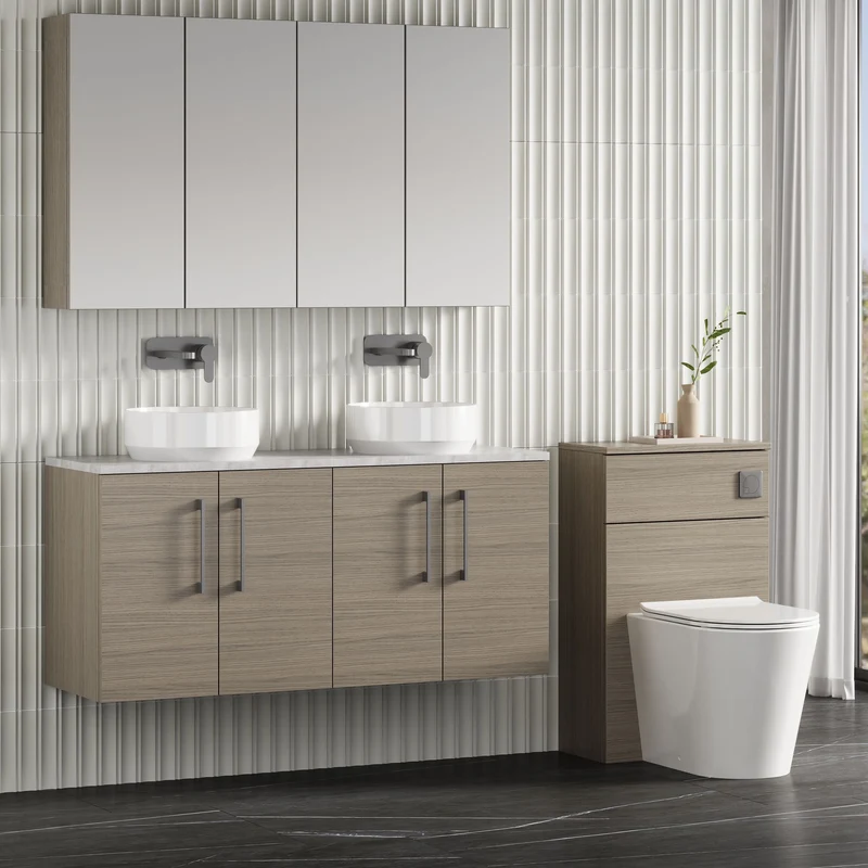Lana 1200mm Wall Hung 4 Door Vanity Unit & Bellato Grey Laminate Worktop - Solace Oak Woodgrain