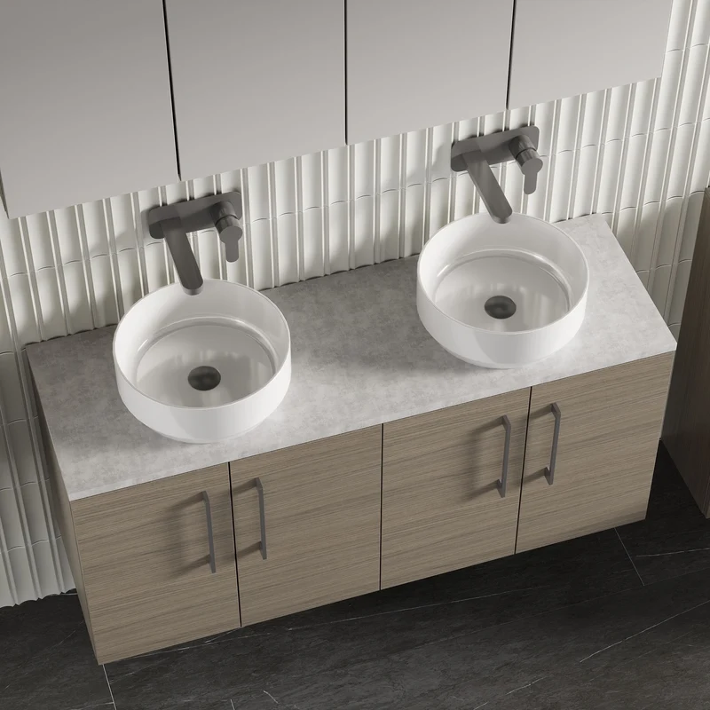 Lana 1200mm Wall Hung 4 Door Vanity Unit & Bellato Grey Laminate Worktop - Solace Oak Woodgrain