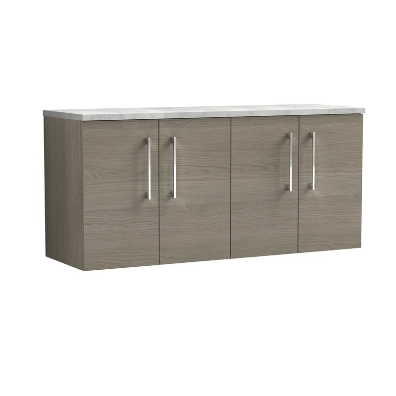 Lana 1200mm Wall Hung 4 Door Vanity Unit & Bellato Grey Laminate Worktop - Solace Oak Woodgrain