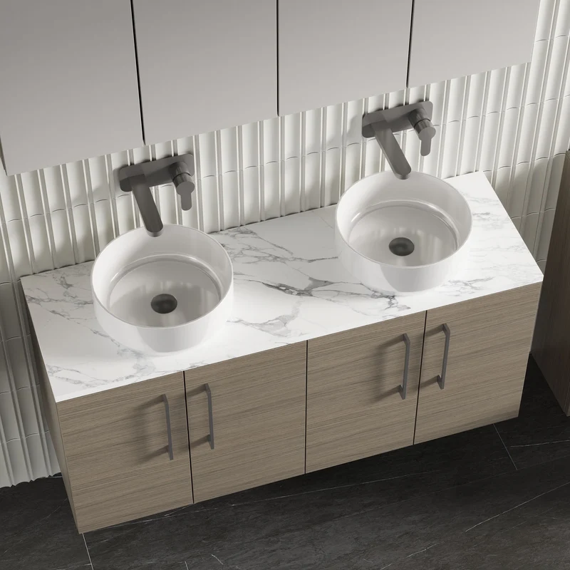 Lana 1200mm Wall Hung 4 Door Vanity Unit & Carrera Marble Laminate Worktop - Solace Oak Woodgrain