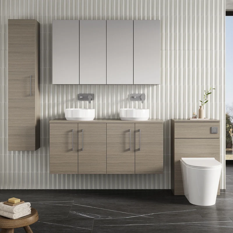 Lana 1200mm Wall Hung 4 Door Vanity Unit & Worktop - Solace Oak Woodgrain