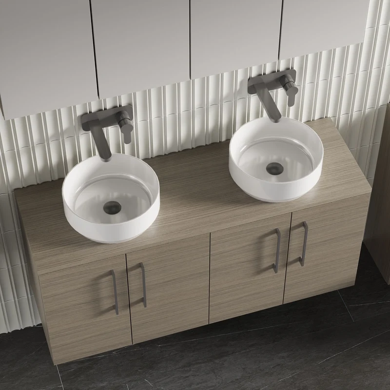 Lana 1200mm Wall Hung 4 Door Vanity Unit & Worktop - Solace Oak Woodgrain