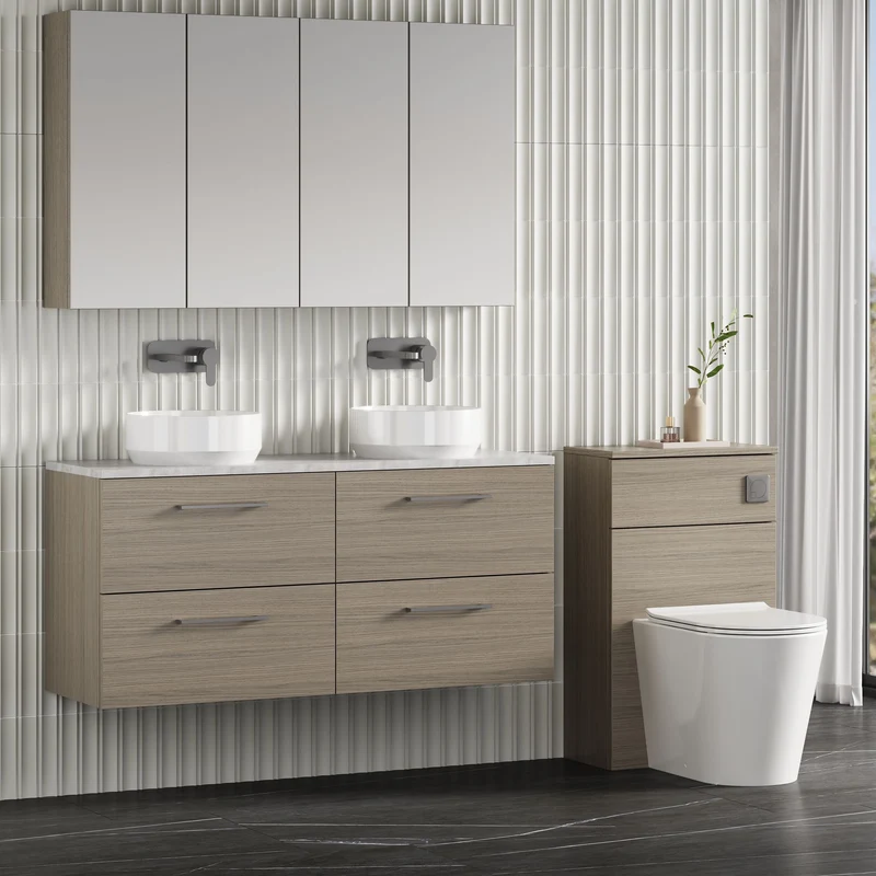 Lana 1200mm Wall Hung 4 Drawer Vanity Unit & Bellato Grey Laminate Worktop - Solace Oak Woodgrain