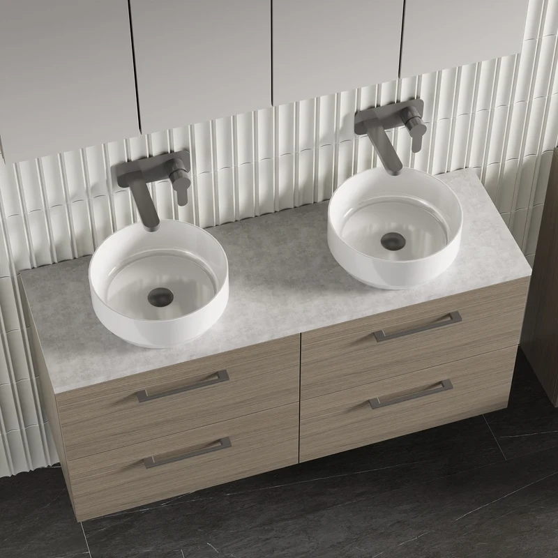 Lana 1200mm Wall Hung 4 Drawer Vanity Unit & Bellato Grey Laminate Worktop - Solace Oak Woodgrain