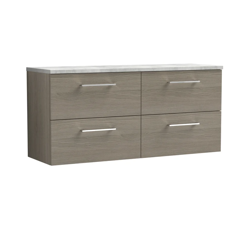 Lana 1200mm Wall Hung 4 Drawer Vanity Unit & Bellato Grey Laminate Worktop - Solace Oak Woodgrain