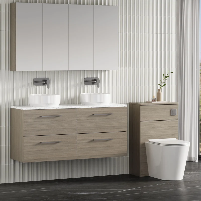 Lana 1200mm Wall Hung 4 Drawer Vanity Unit & Carrera Marble Laminate Worktop - Solace Oak Woodgrain