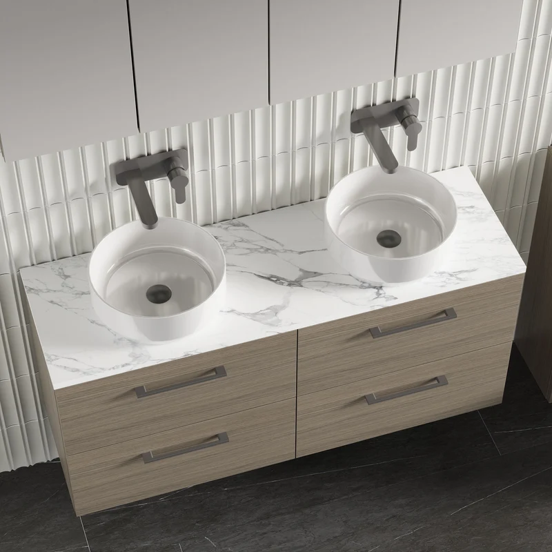 Lana 1200mm Wall Hung 4 Drawer Vanity Unit & Carrera Marble Laminate Worktop - Solace Oak Woodgrain