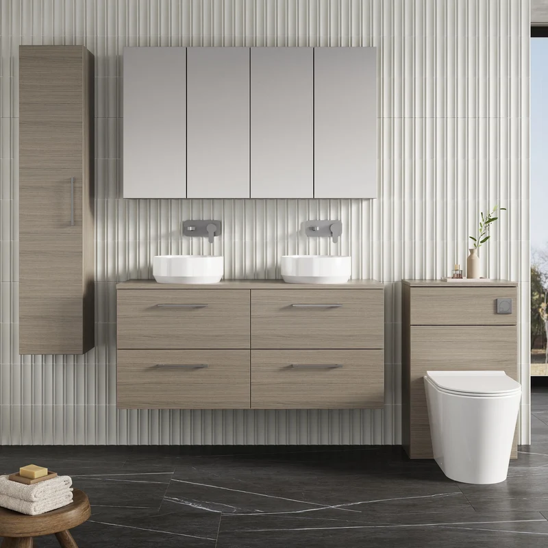 Lana 1200mm Wall Hung 4 Drawer Vanity Unit & Worktop - Solace Oak Woodgrain