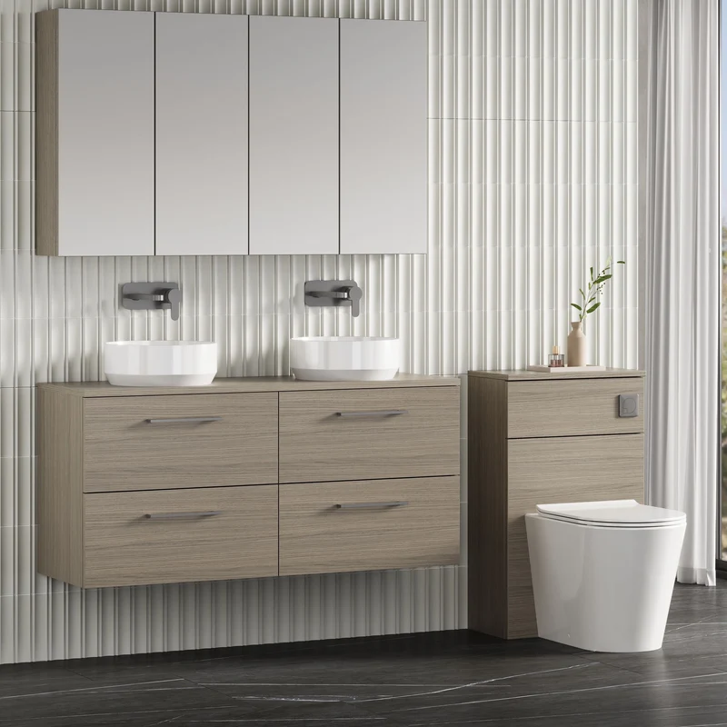 Lana 1200mm Wall Hung 4 Drawer Vanity Unit & Worktop - Solace Oak Woodgrain