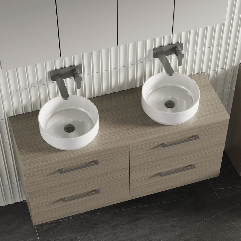Lana 1200mm Wall Hung 4 Drawer Vanity Unit & Worktop - Solace Oak Woodgrain