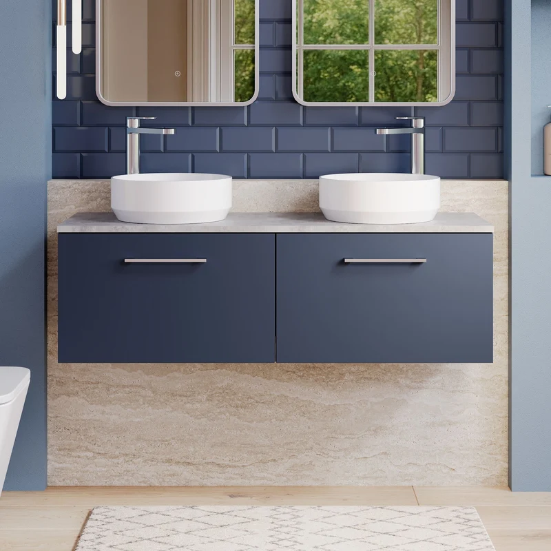 Lana 1200mm Wall Hung 2 Drawer Vanity Unit & Bellato Grey Laminate Worktop - Midnight Blue Satin