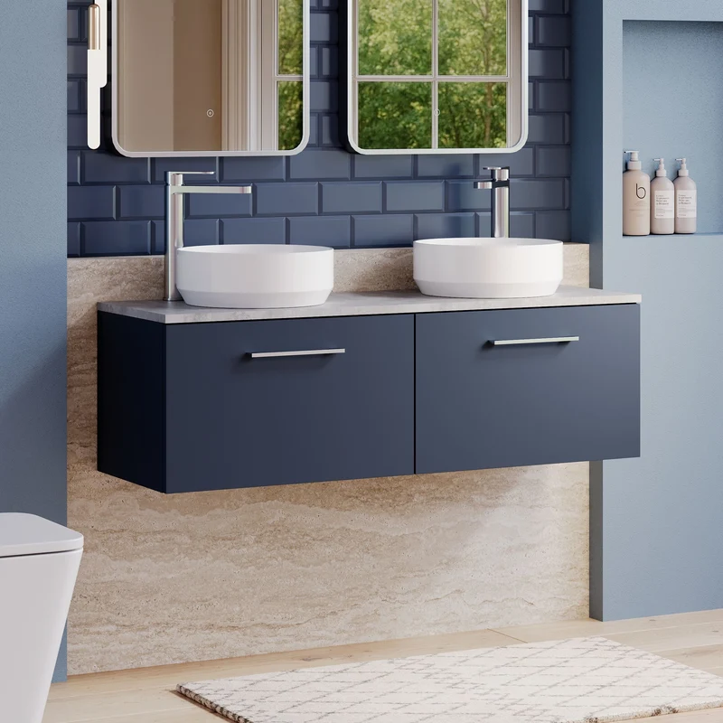 Lana 1200mm Wall Hung 2 Drawer Vanity Unit & Bellato Grey Laminate Worktop - Midnight Blue Satin
