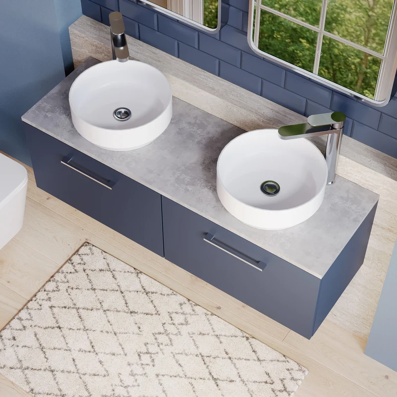 Lana 1200mm Wall Hung 2 Drawer Vanity Unit & Bellato Grey Laminate Worktop - Midnight Blue Satin