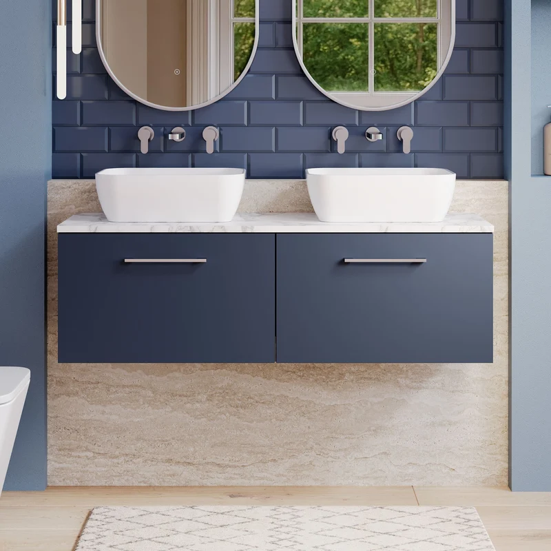 Lana 1200mm Wall Hung 2 Drawer Vanity Unit & Carrera Marble Laminate Worktop - Midnight Blue Satin