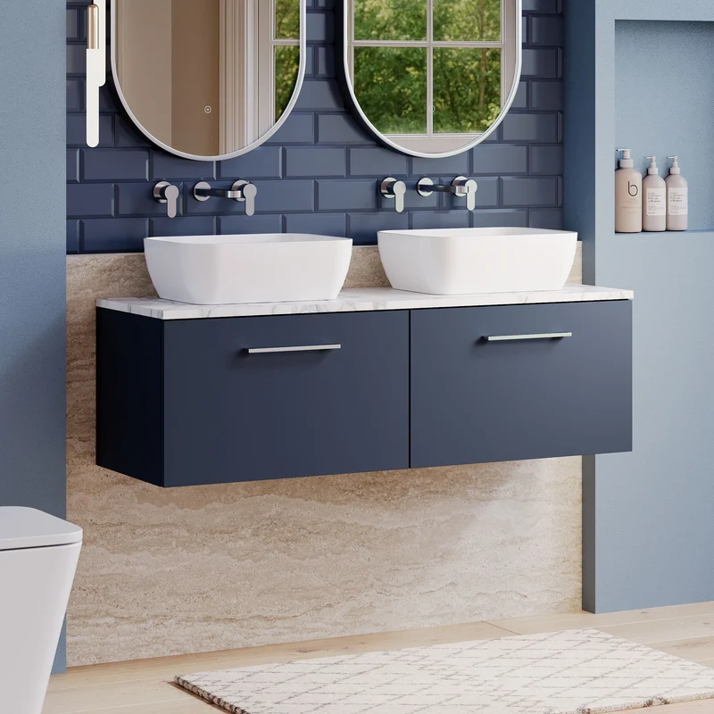 Lana 1200mm Wall Hung 2 Drawer Vanity Unit & Carrera Marble Laminate Worktop - Midnight Blue Satin