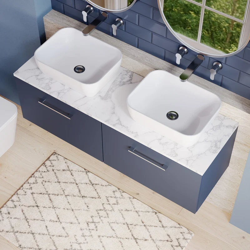 Lana 1200mm Wall Hung 2 Drawer Vanity Unit & Carrera Marble Laminate Worktop - Midnight Blue Satin