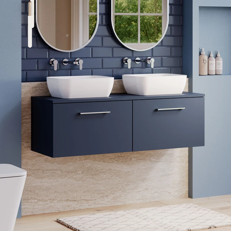 Lana 1200mm Wall Hung 2 Drawer Vanity Unit & Worktop - Midnight Blue Satin