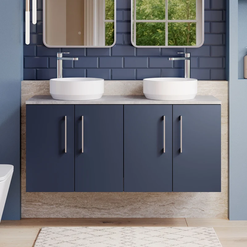 Lana 1200mm Wall Hung 4 Door Vanity Unit & Bellato Grey Laminate Worktop - Midnight Blue Satin