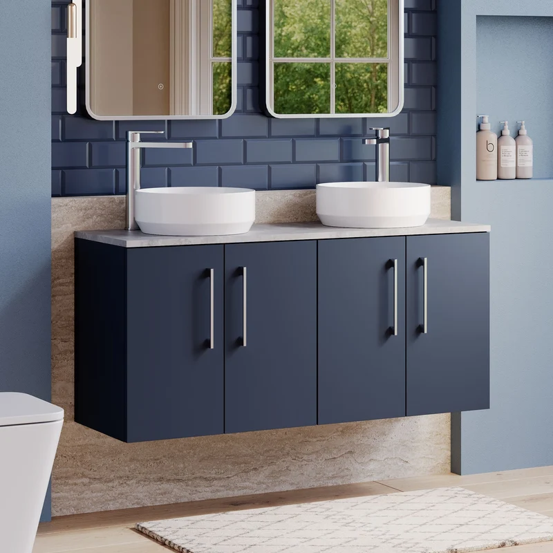 Lana 1200mm Wall Hung 4 Door Vanity Unit & Bellato Grey Laminate Worktop - Midnight Blue Satin