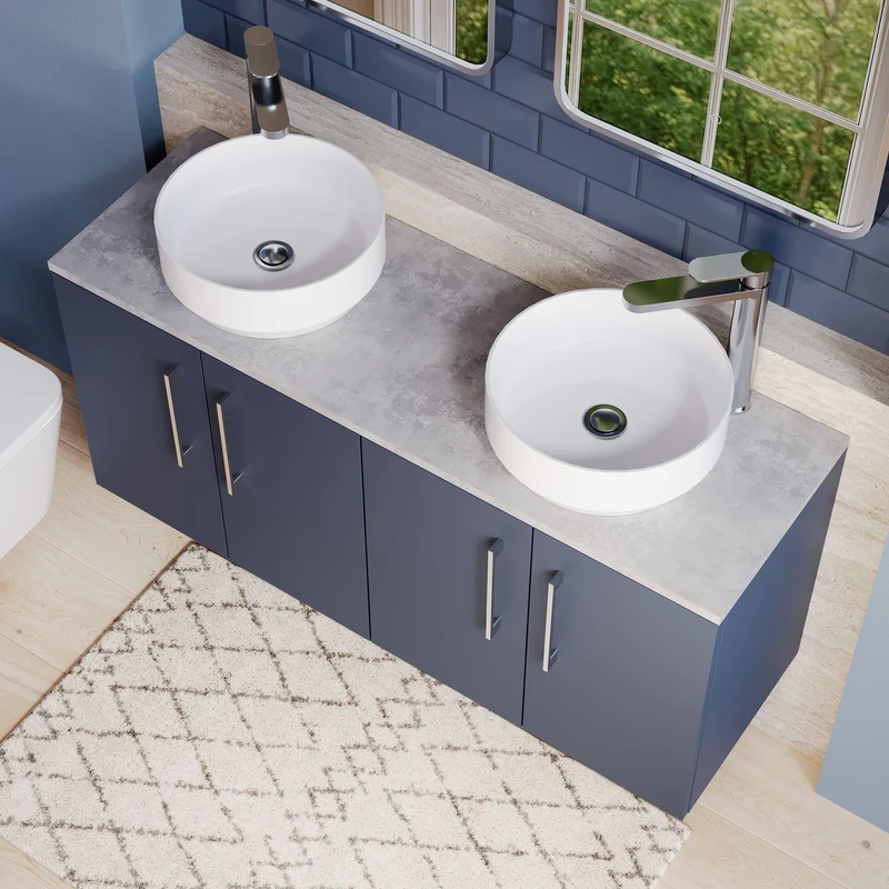Lana 1200mm Wall Hung 4 Door Vanity Unit & Bellato Grey Laminate Worktop - Midnight Blue Satin