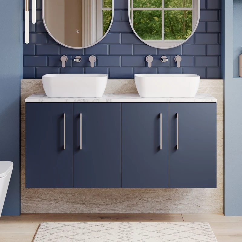 Lana 1200mm Wall Hung 4 Door Vanity Unit & Carrera Marble Laminate Worktop - Midnight Blue Satin