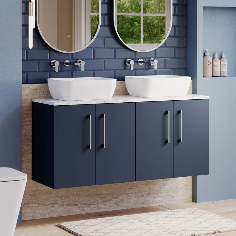 Lana 1200mm Wall Hung 4 Door Vanity Unit & Carrera Marble Laminate Worktop - Midnight Blue Satin
