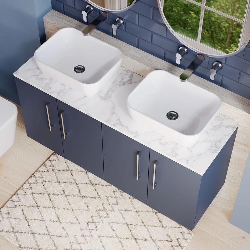 Lana 1200mm Wall Hung 4 Door Vanity Unit & Carrera Marble Laminate Worktop - Midnight Blue Satin