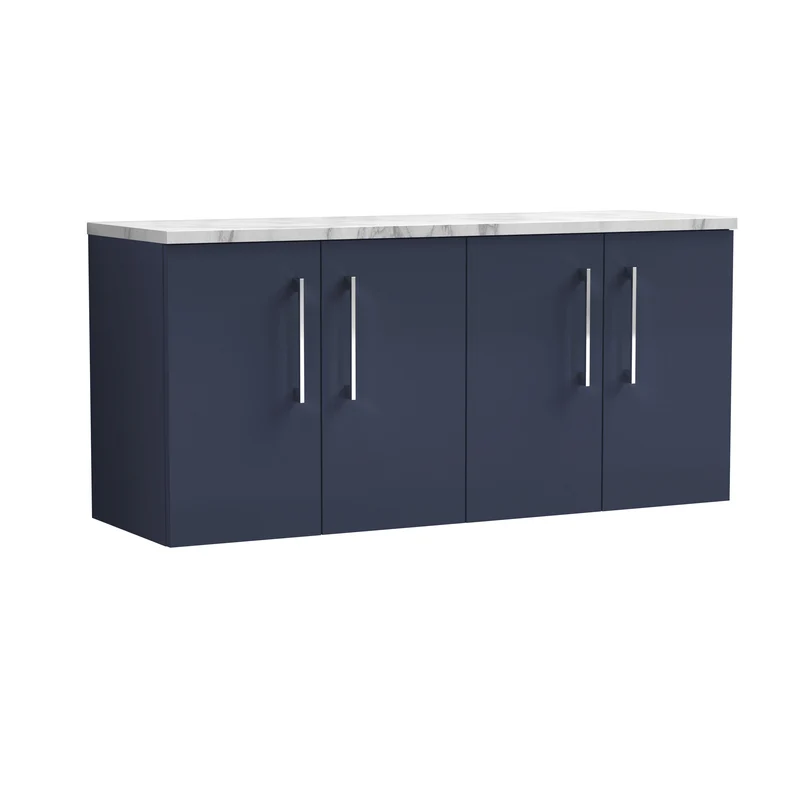 Lana 1200mm Wall Hung 4 Door Vanity Unit & Carrera Marble Laminate Worktop - Midnight Blue Satin