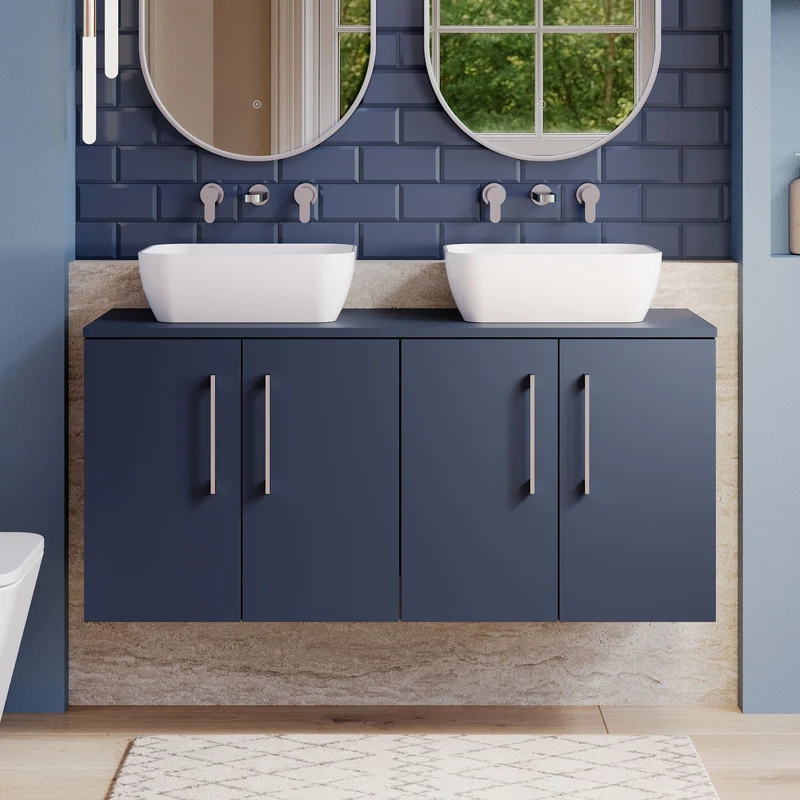 Lana 1200mm Wall Hung 4 Door Vanity Unit & Worktop - Midnight Blue Satin