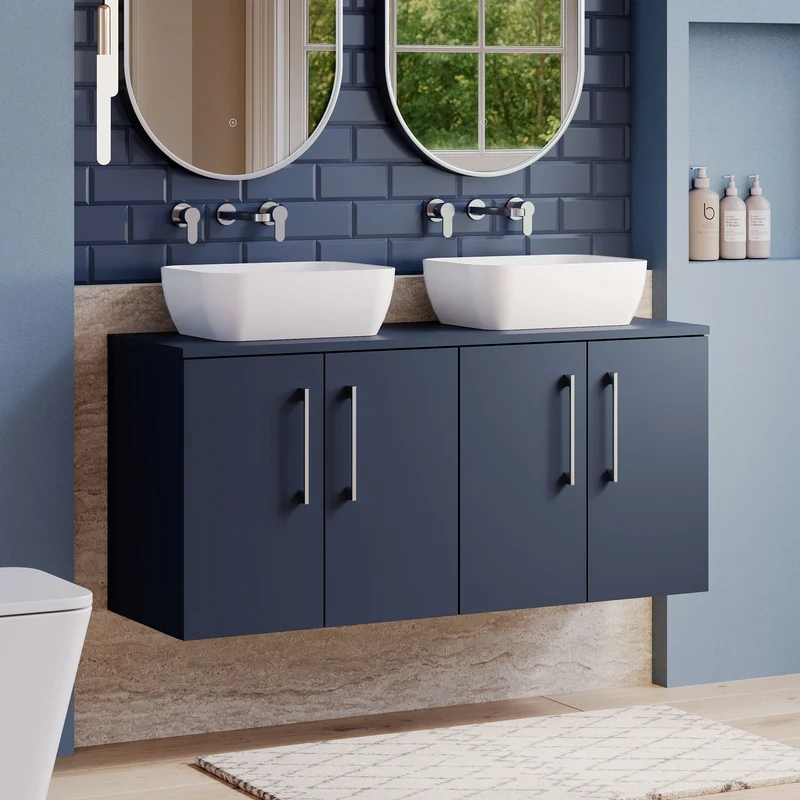 Lana 1200mm Wall Hung 4 Door Vanity Unit & Worktop - Midnight Blue Satin