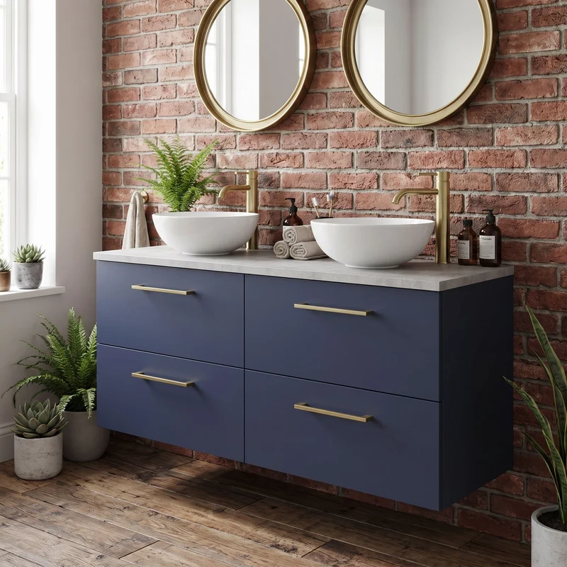 Lana 1200mm Wall Hung 4 Drawer Vanity Unit & Bellato Grey Laminate Worktop - Midnight Blue Satin