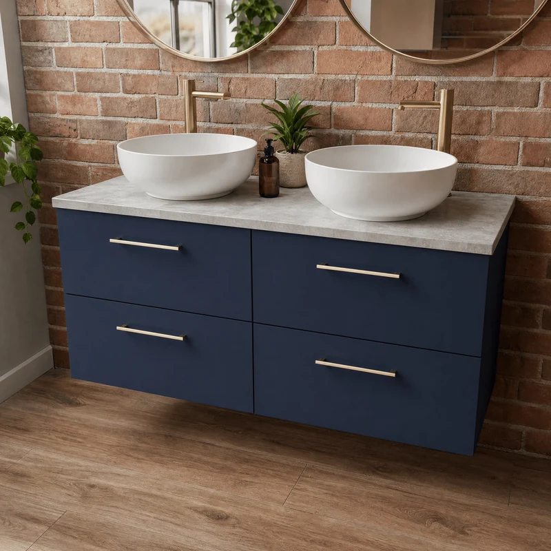 Lana 1200mm Wall Hung 4 Drawer Vanity Unit & Bellato Grey Laminate Worktop - Midnight Blue Satin