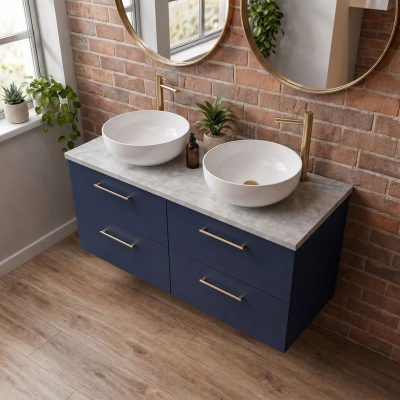 Lana 1200mm Wall Hung 4 Drawer Vanity Unit & Bellato Grey Laminate Worktop - Midnight Blue Satin
