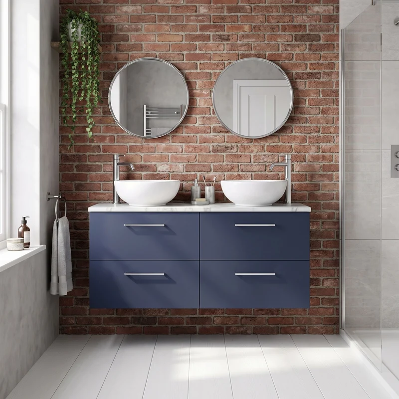 Lana 1200mm Wall Hung 4 Drawer Vanity Unit & Carrera Marble Laminate Worktop - Midnight Blue Satin