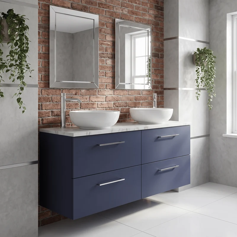 Lana 1200mm Wall Hung 4 Drawer Vanity Unit & Carrera Marble Laminate Worktop - Midnight Blue Satin