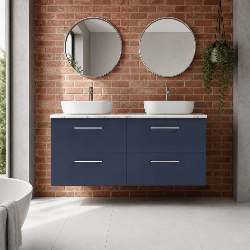 Lana 1200mm Wall Hung 4 Drawer Vanity Unit & Carrera Marble Laminate Worktop - Midnight Blue Satin