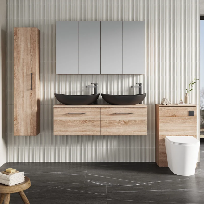 Lana 1200mm Wall Hung 2 Drawer Vanity Unit & Worktop - Bleached Oak Woodgrain